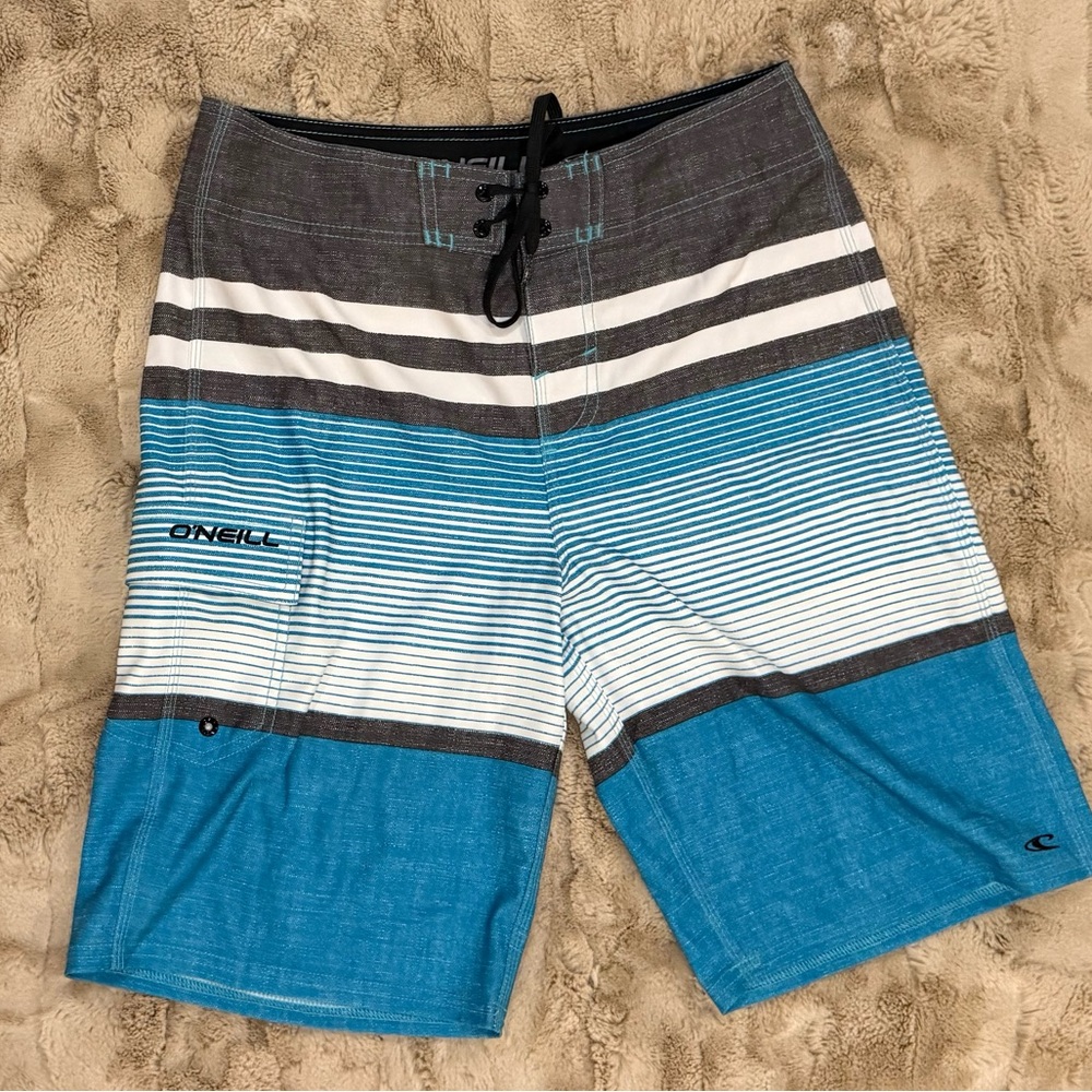 O'Neill Men’s Teal Blue Gray Striped Boardshorts size 29